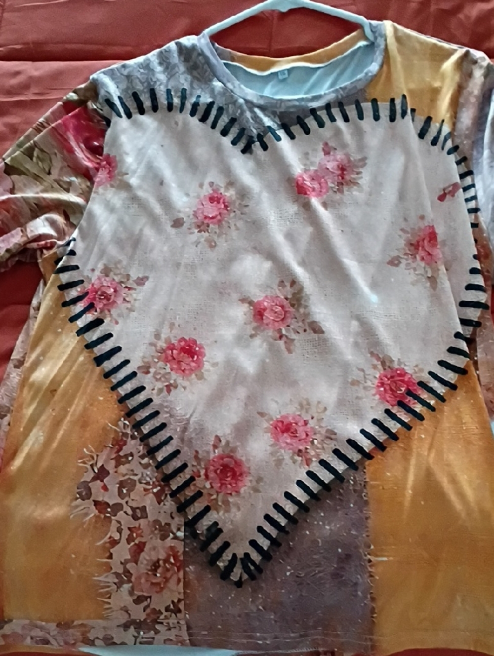 Women's Top Floral Patchwork Heart Top with Pink Roses